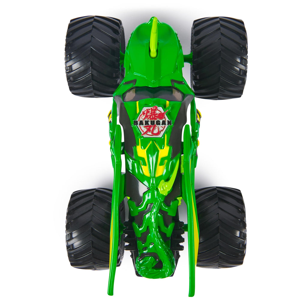 Monster Jam Bakugan Dragonoid green chrome rims gleam, signaling premium build for display or play
