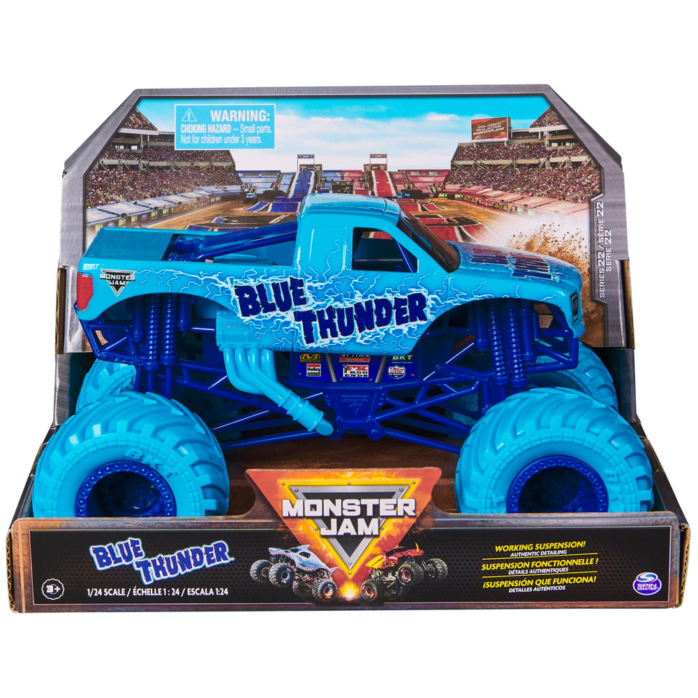 Monster Jam Blue Thunder 1-24 scale die-cast truck with aqua graphics for display and play.