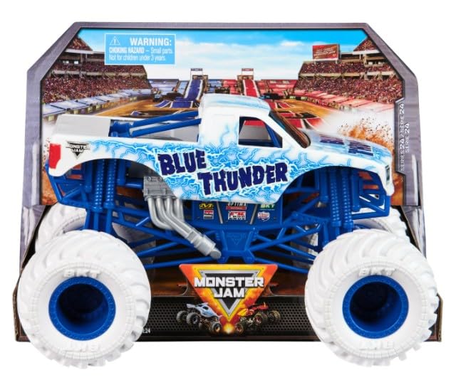 Monster Jam Blue Thunder 1:24 scale front view for display and play.