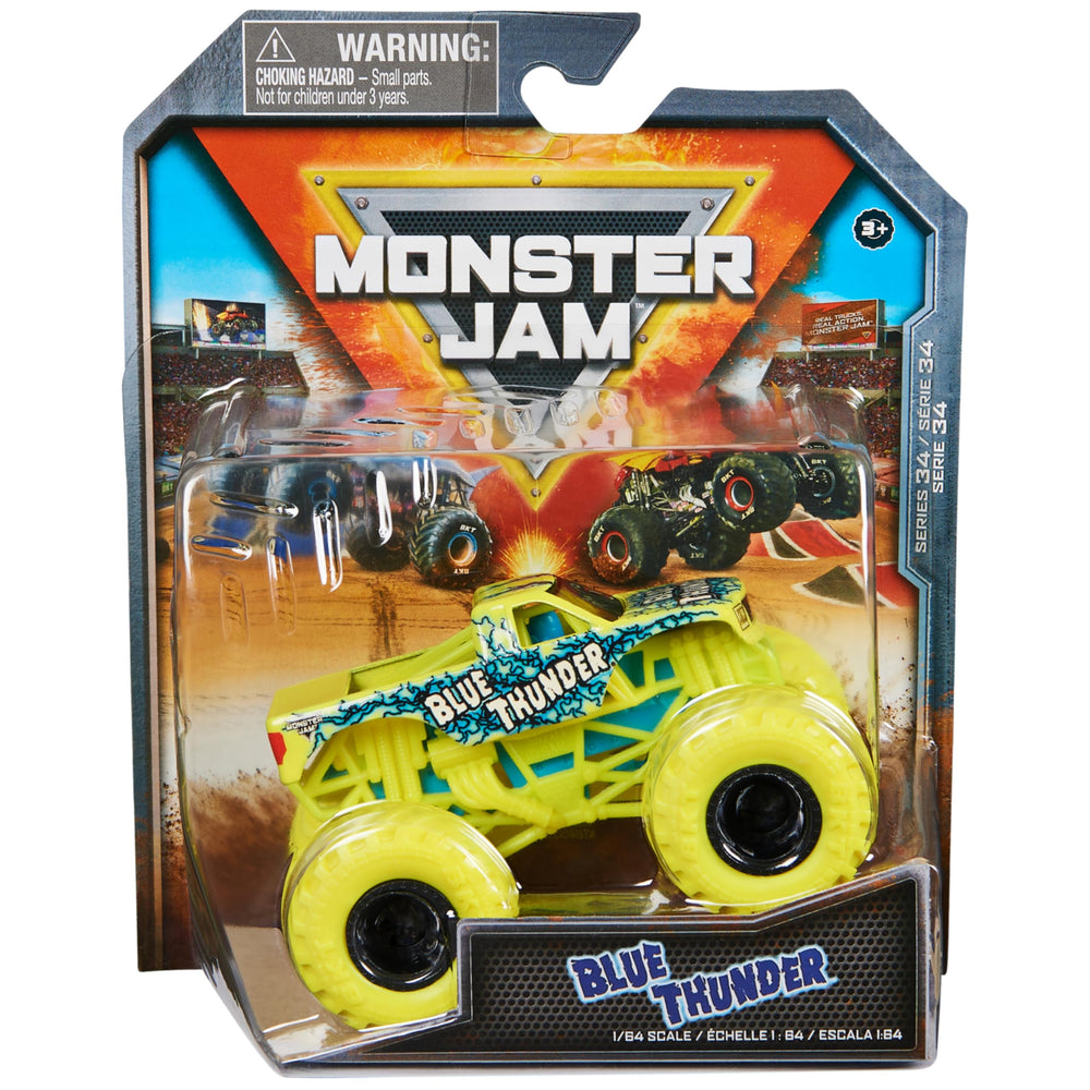 Monster Jam Blue Thunder 1:64 front view die-cast for realistic stunt play.