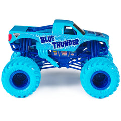 Monster Jam Blue Thunder aqua graphics pop on shelves for collectors and kids.