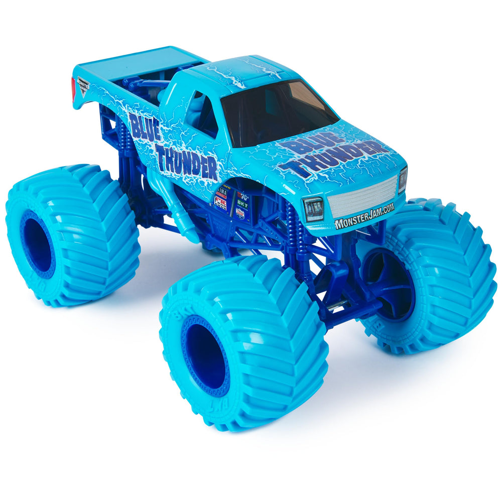 Monster Jam Blue Thunder chrome rims highlight authentic detail and rugged durability.