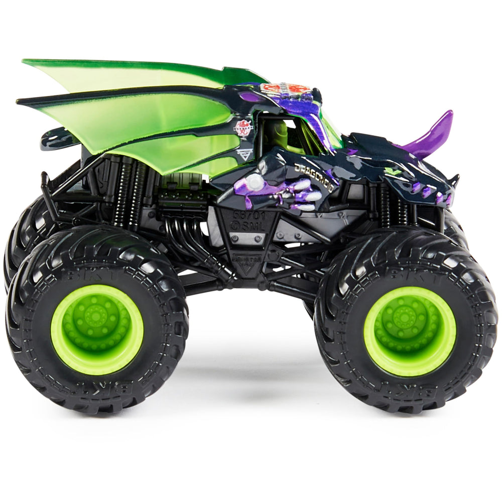 Close-up of bold Monster Jam graphics on a 1:64 scale truck