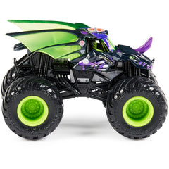 Close-up of bold Monster Jam graphics on a 1:64 scale truck