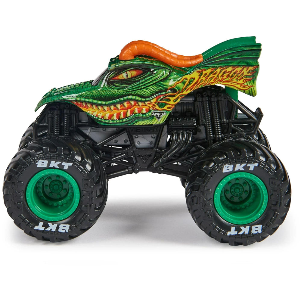 Monster Jam Dragon 1:64 diecast with official BKT tires for realism.