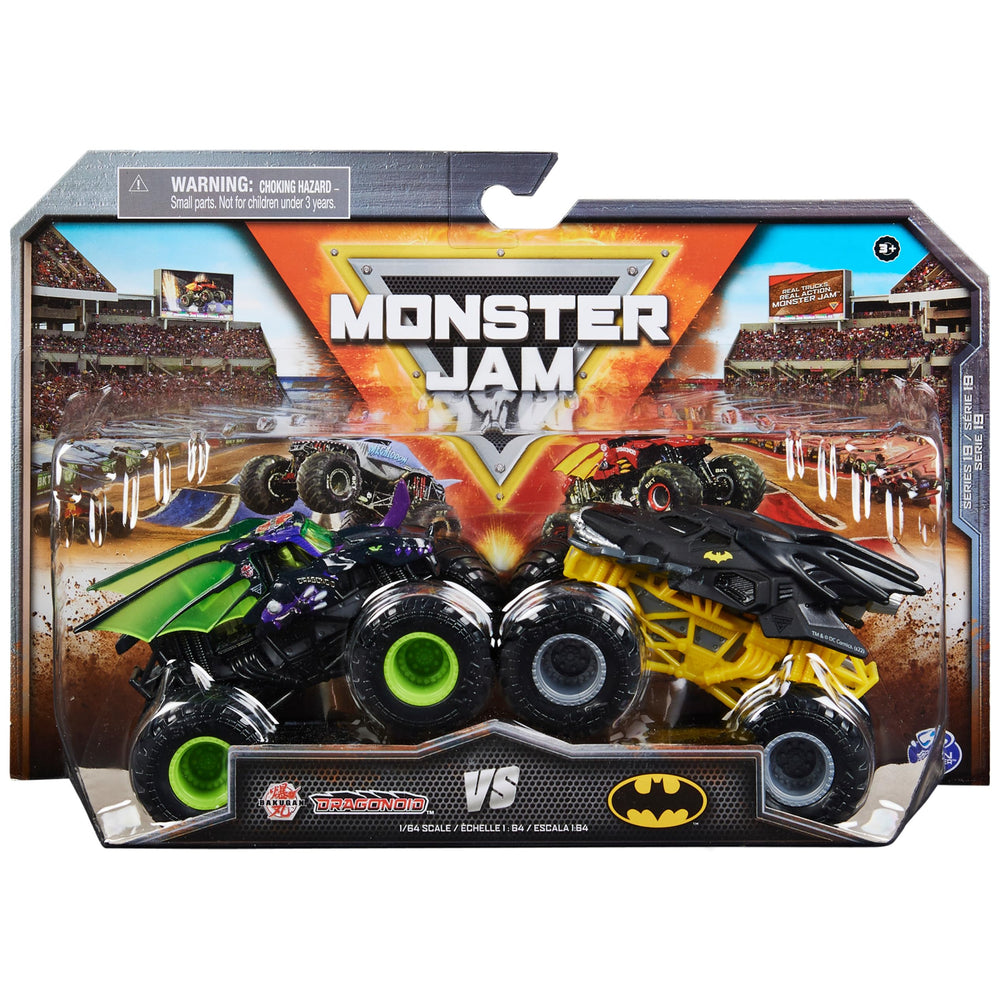 Monster Jam Dragonoid vs Batman 1:64 die-cast trucks in action for dynamic play