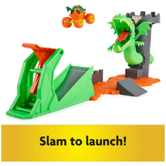 Monster Jam Playset lava jump shows trucks soaring over lava with precision landings.