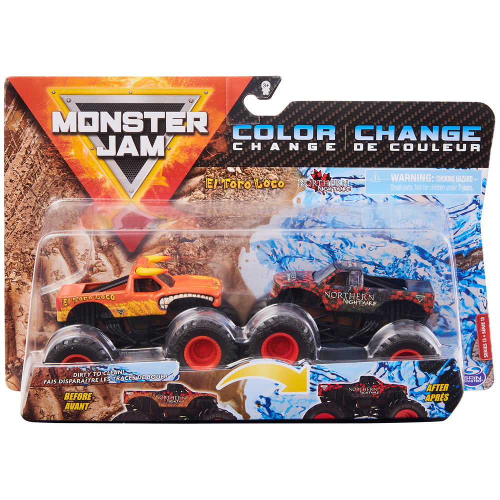 Monster Jam El Toro Loco vs Northern Nightmare color-changing die-cast trucks for interactive color reveals.