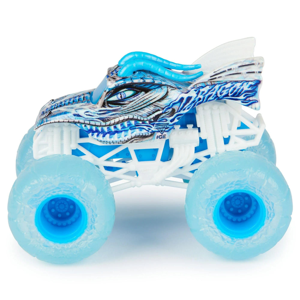 Monster Jam Fire & Ice Grave Digger side view showcases dynamic detailing.