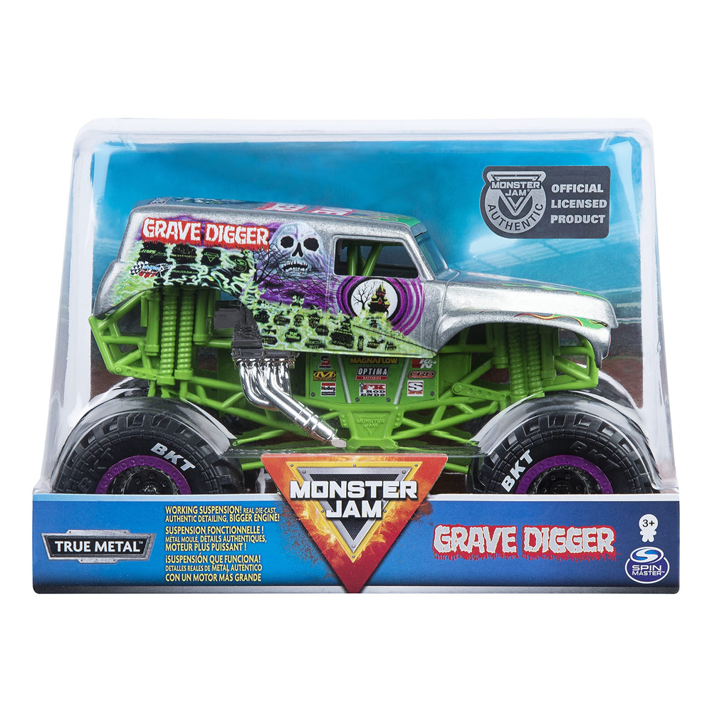 Monster Jam Grave Digger 1:24 front view shows authentic details and rugged style.