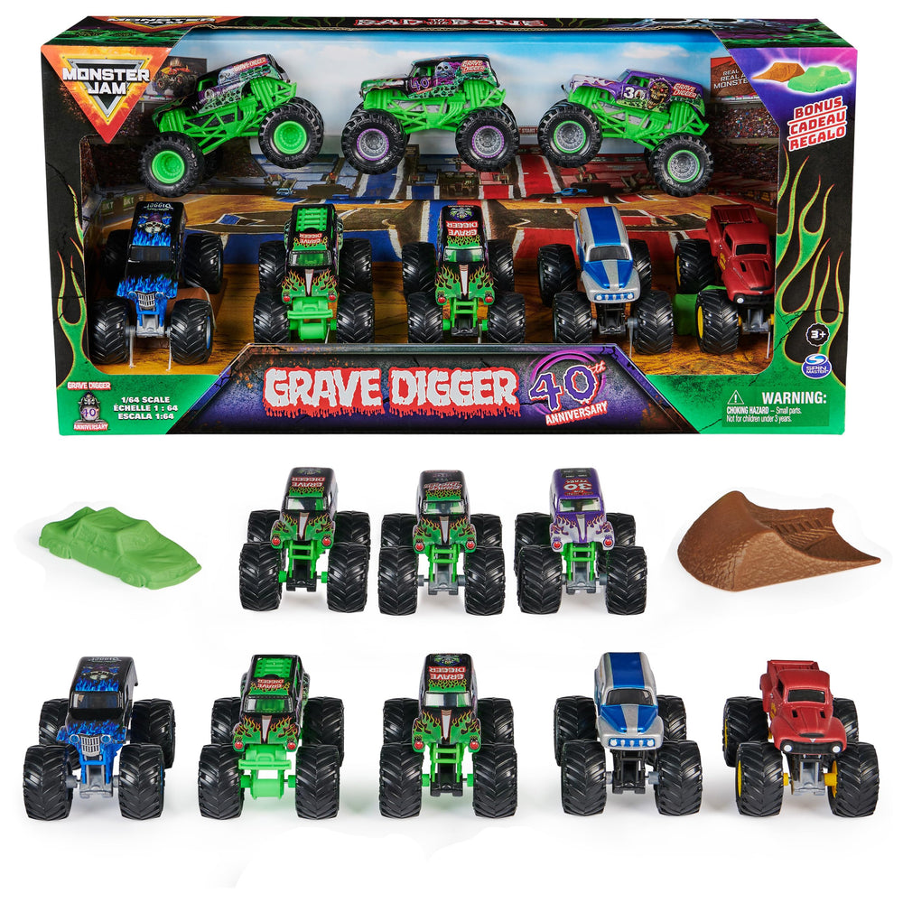 Monster Jam Grave Digger 40th Anniversary 8-Pack trucks display authentic details and chrome rims.