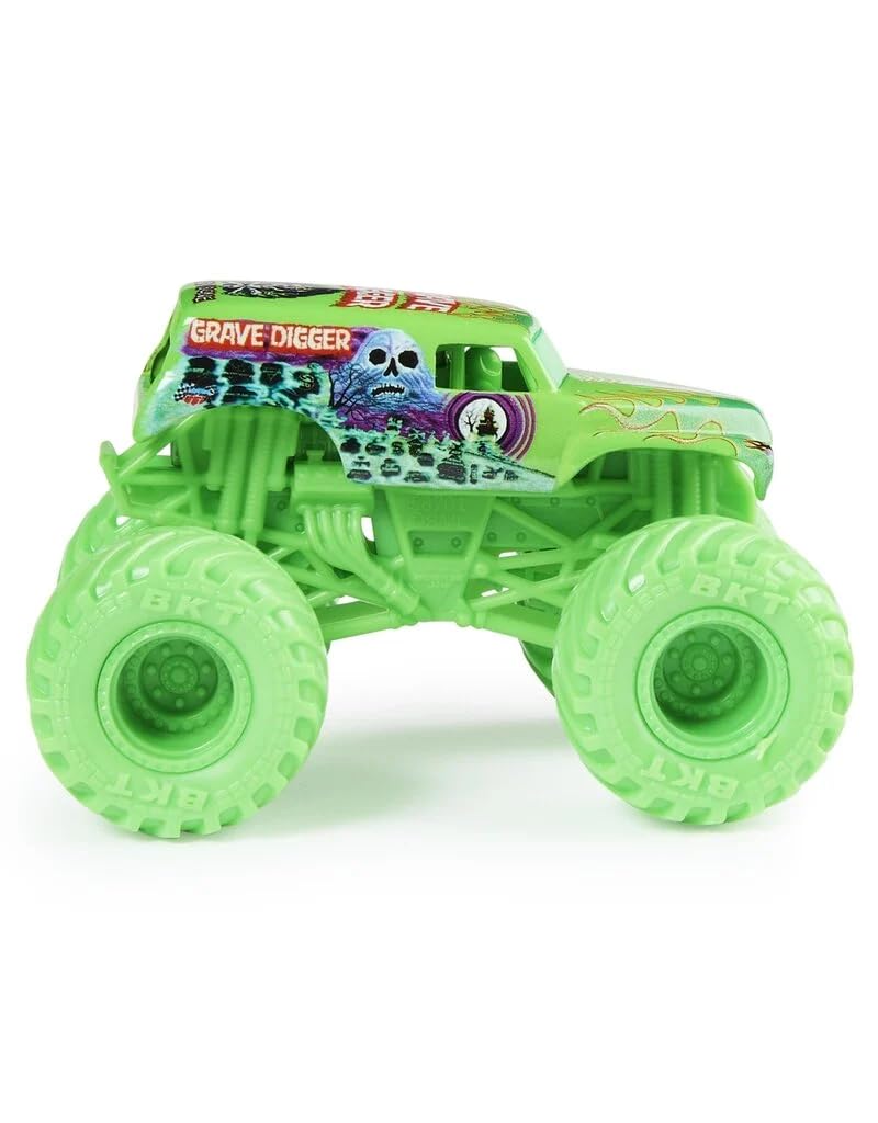 Monster Jam Grave Digger Neon Green chassis front view for display appeal.