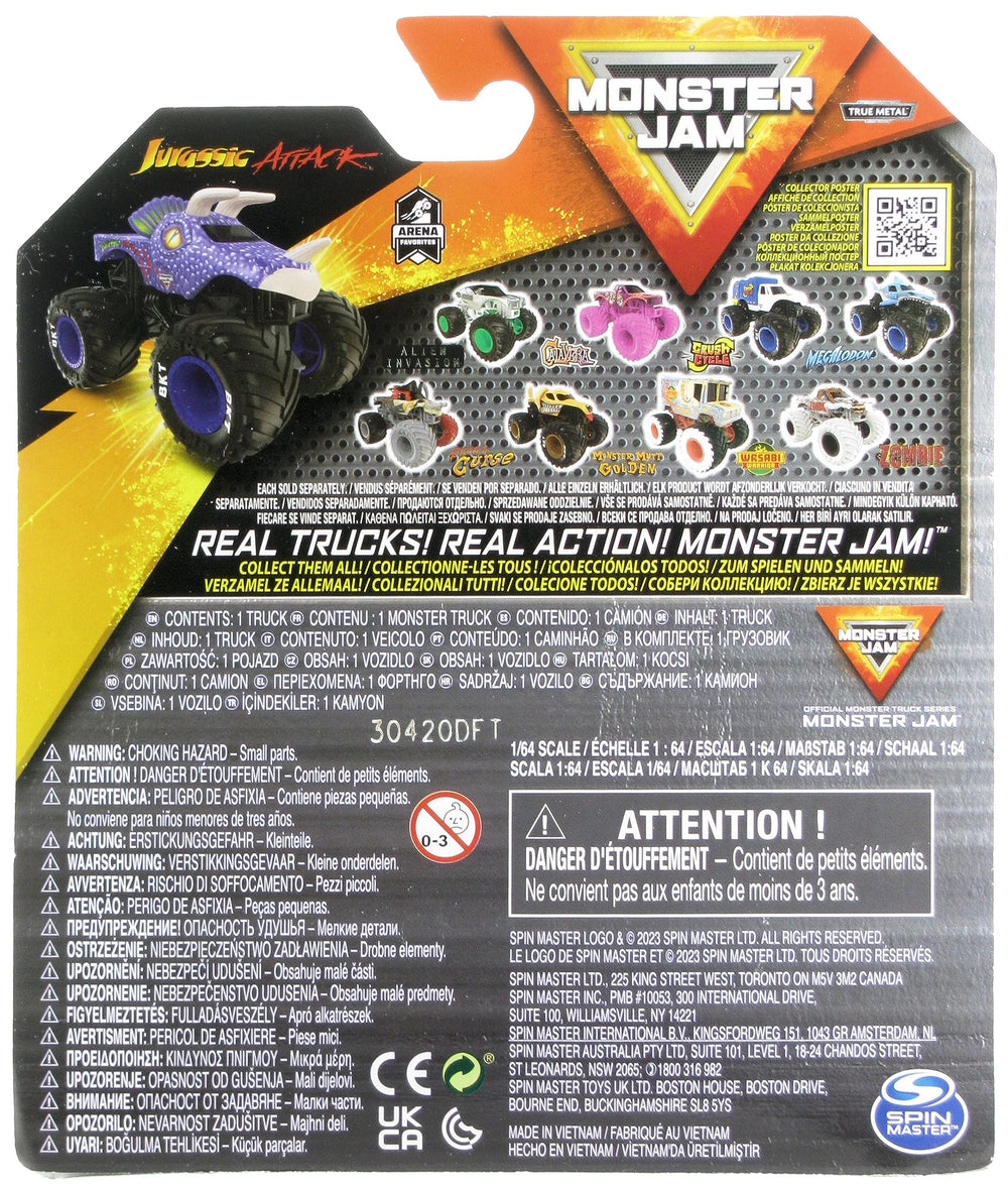 Monster Jam Jurassic Attack 1:64 packaging with QR posters for downloads.