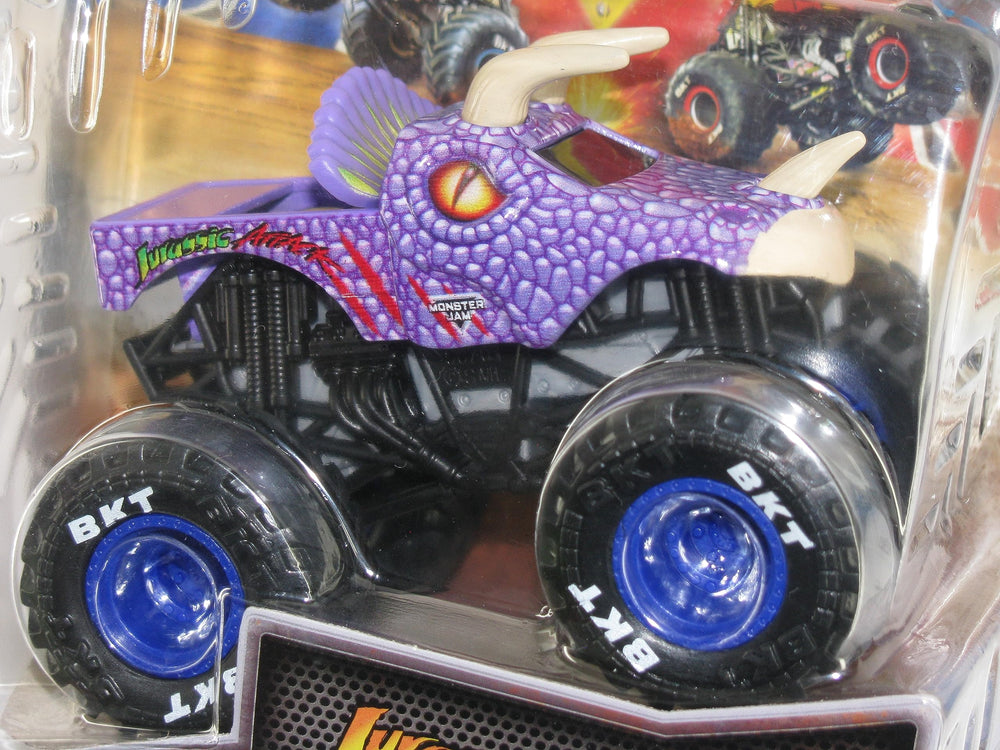 Monster Jam Jurassic Attack 1:64 side profile shows detailed chassis.