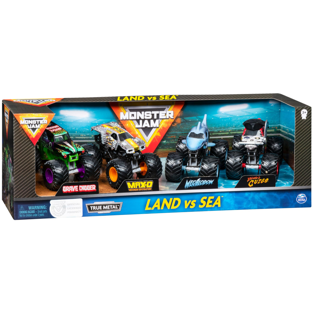 Monster Jam Land vs Sea 1:64 pack front view highlighting four trucks