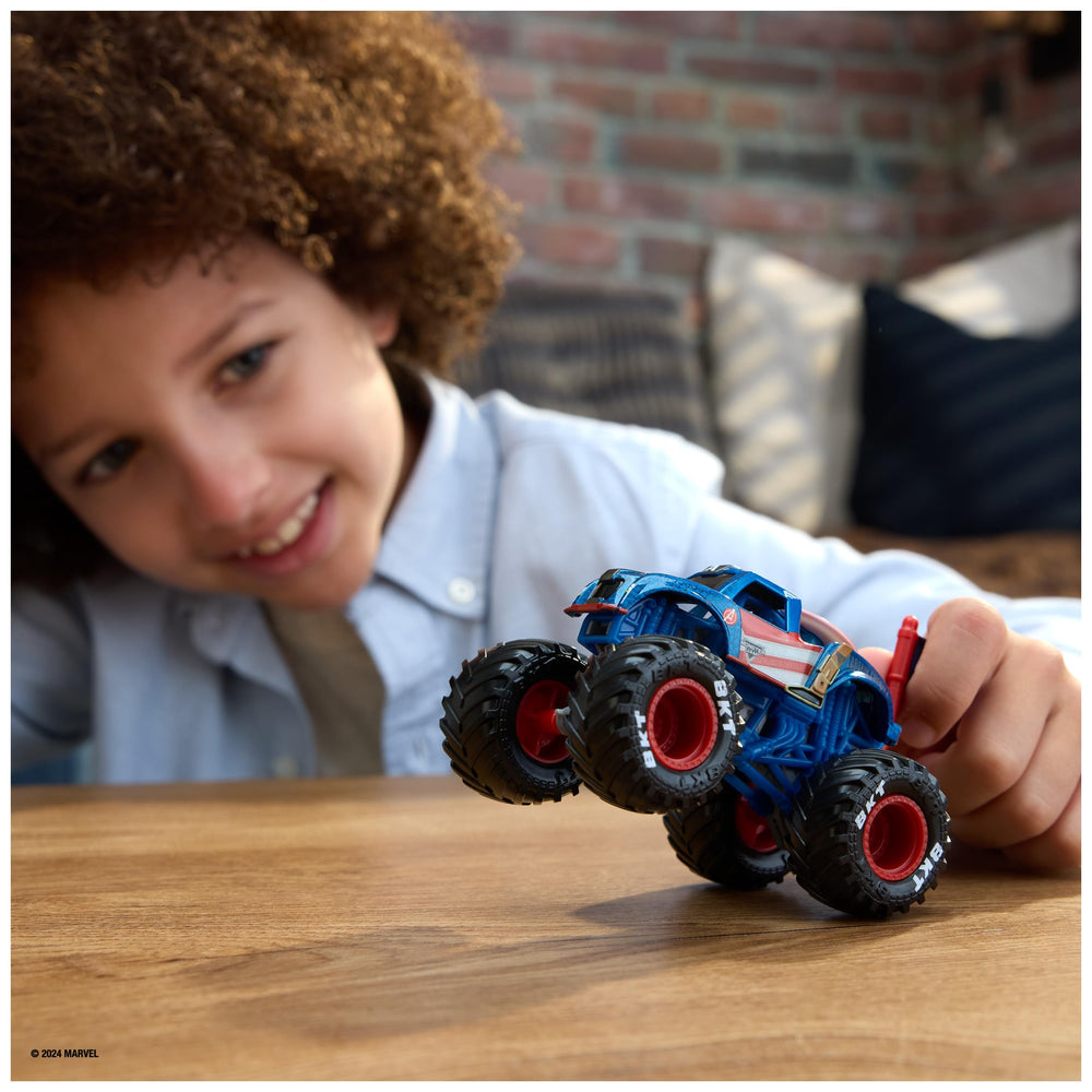 Monster Jam Marvel Captain America side view, aerodynamic look for imagination.