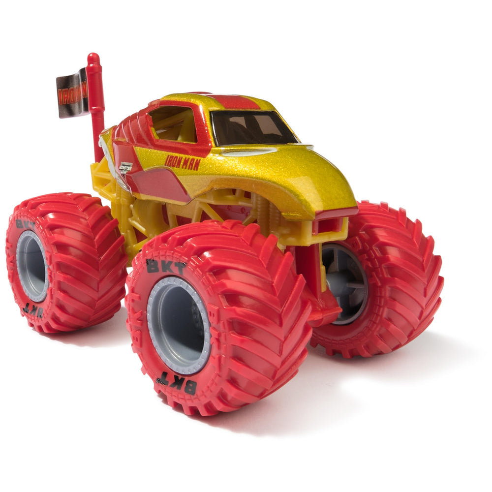Monster Jam Marvel Iron Man truck side view, great for storytelling and dynamic display