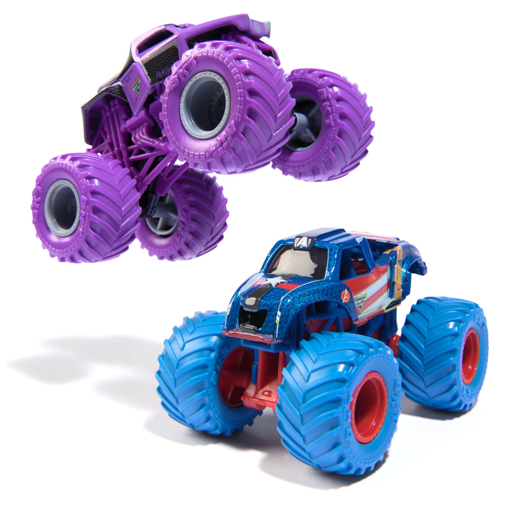 Monster Jam Marvel Thanos vs Thor 1:64 die-cast trucks spark epic showdowns for kids.