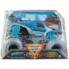 Monster Jam Megalodon 1:24-scale die-cast truck, front glossy body for collectors.