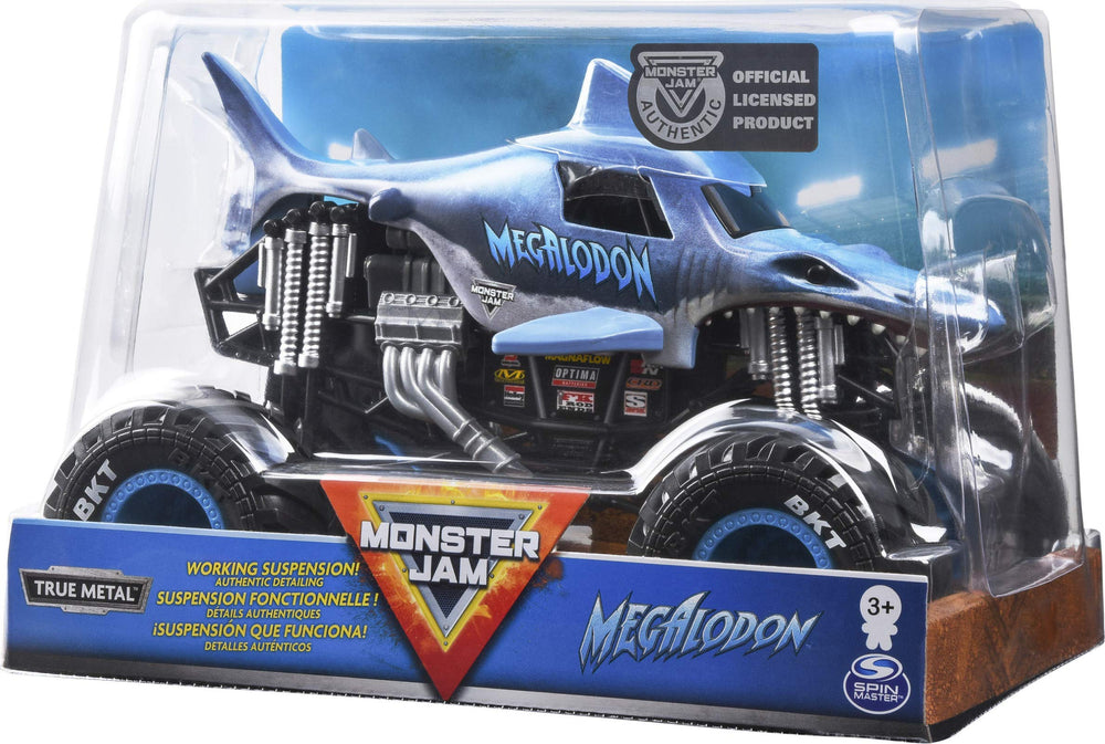 Monster Jam Megalodon 1:24 BKT tires improve traction on any surface.