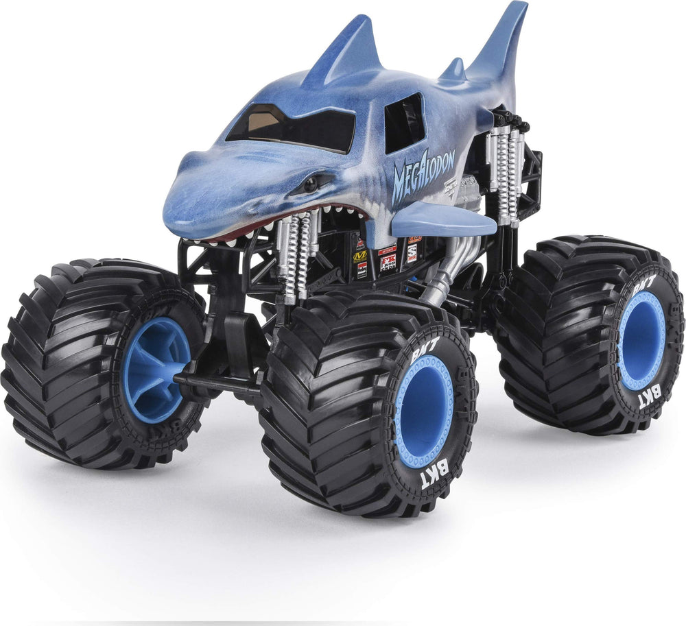 Monster Jam Megalodon 1:24 side graphics highlight vibrant decals for collectors.