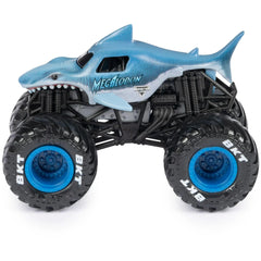 Monster Jam Megalodon 1:64 diecast truck chassis and scale-accurate presentation.