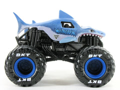 Monster Jam Megalodon 1:64 diecast truck close-up graphics showcase realistic design for collectors.