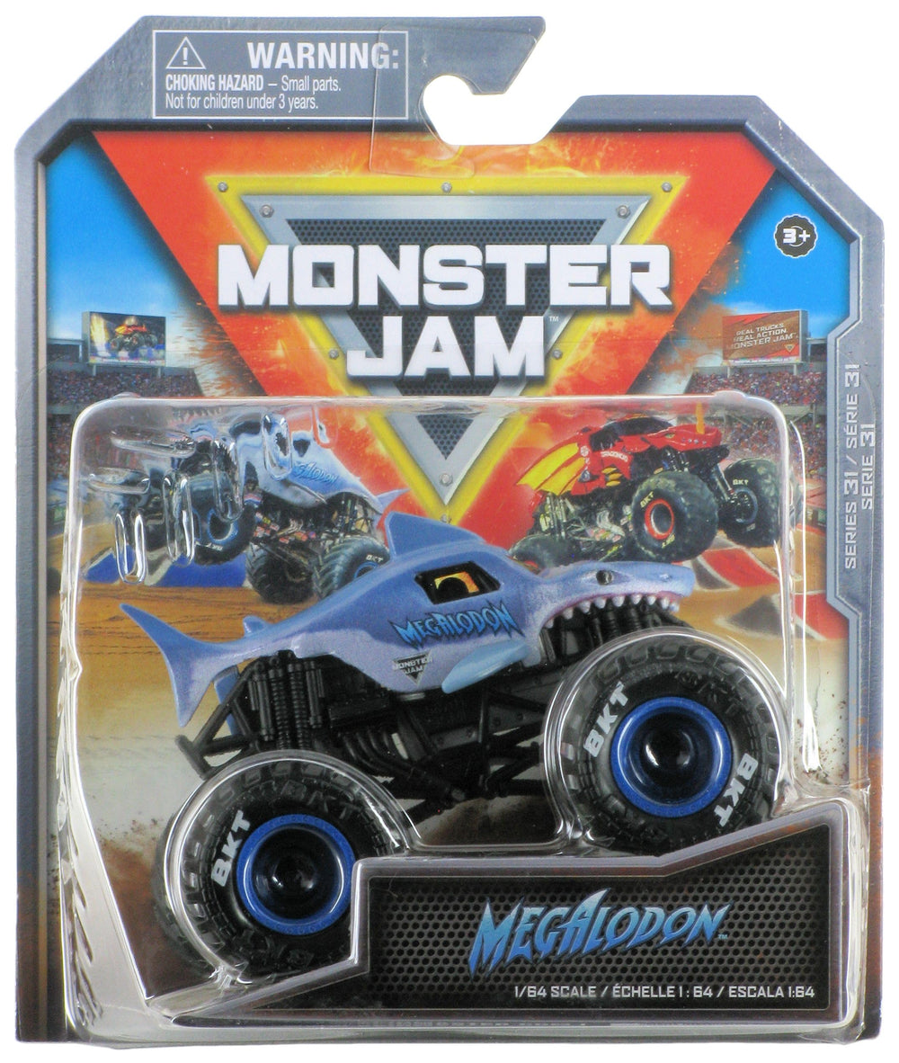 Monster Jam Megalodon 1:64 diecast truck front view shows authentic graphics for display.