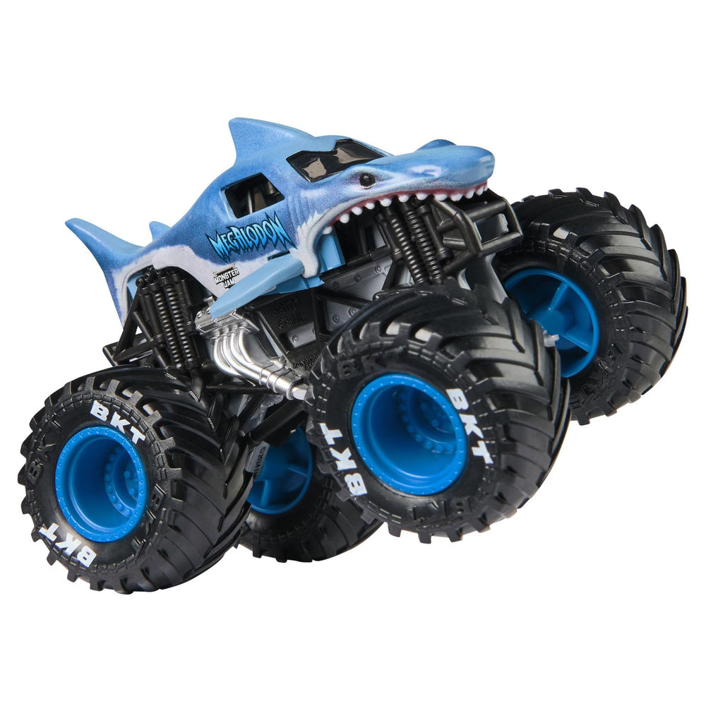 Monster Jam Megalodon 1:64 close-up on grille and graphics for display.