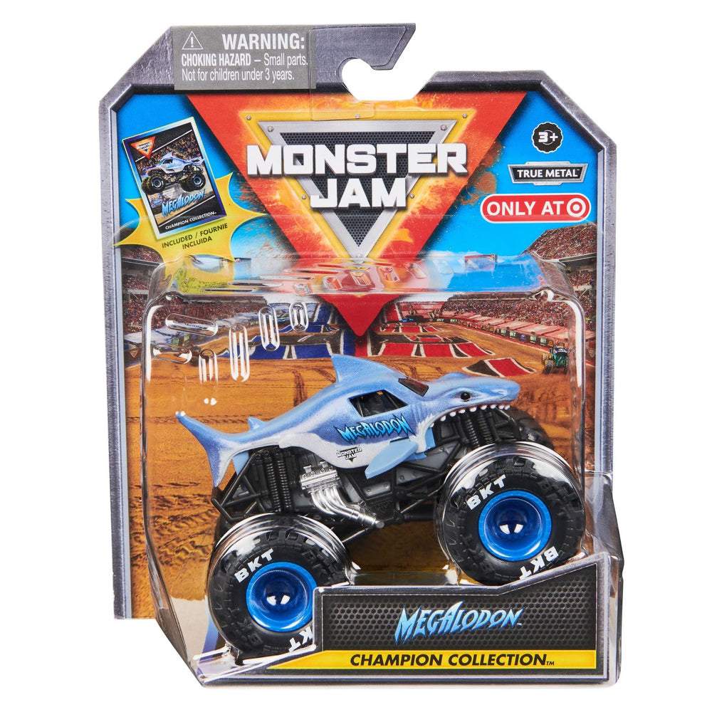 Monster Jam Megalodon 1:64 front view shows bold graphics and authentic tires.