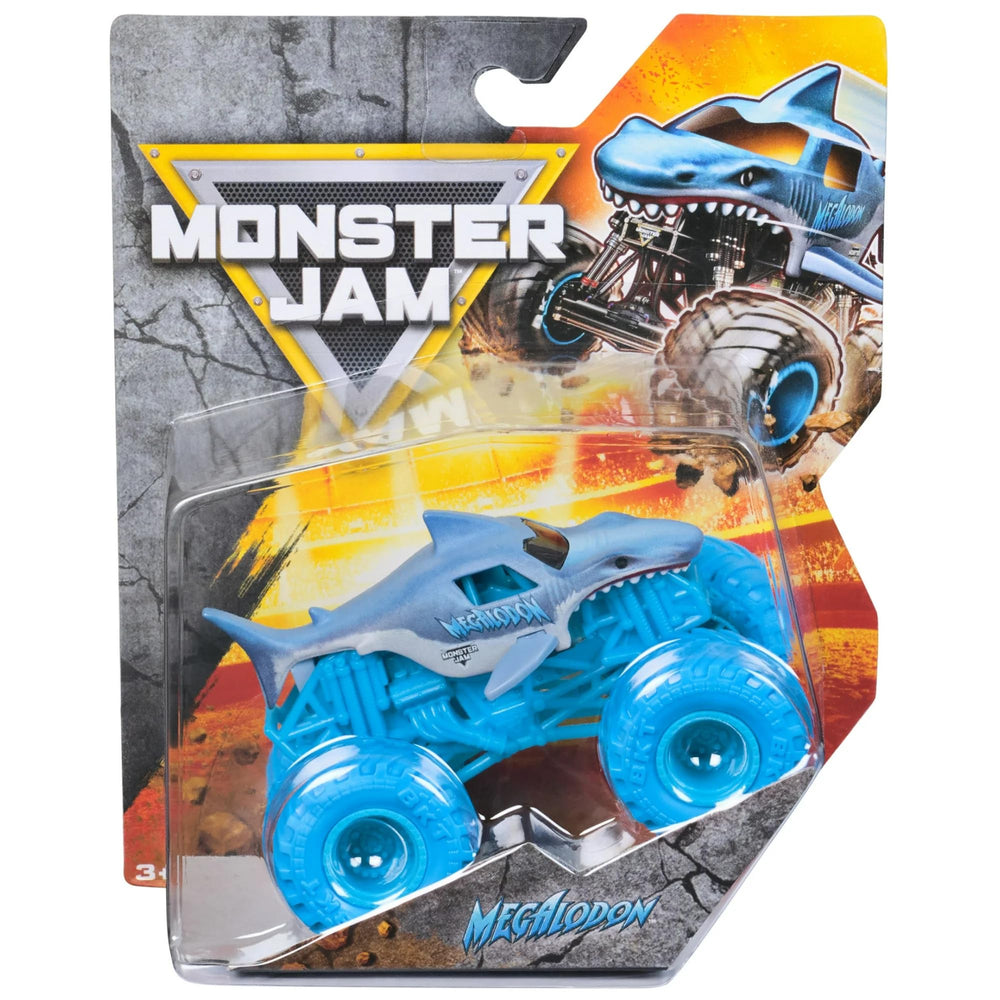 Monster Jam Megalodon Ice Edition 1:64 scale truck side view for display and play