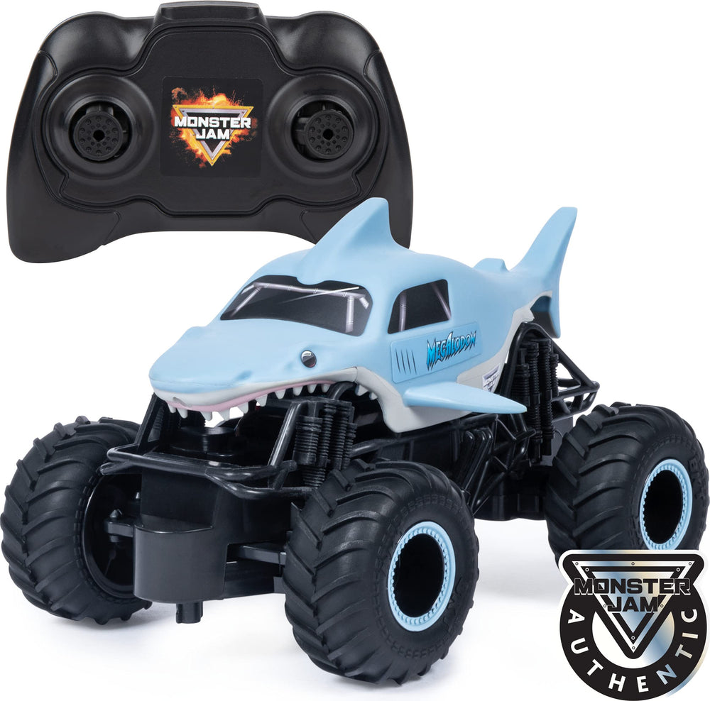 Monster Jam Megalodon RC truck front view with authentic graphics