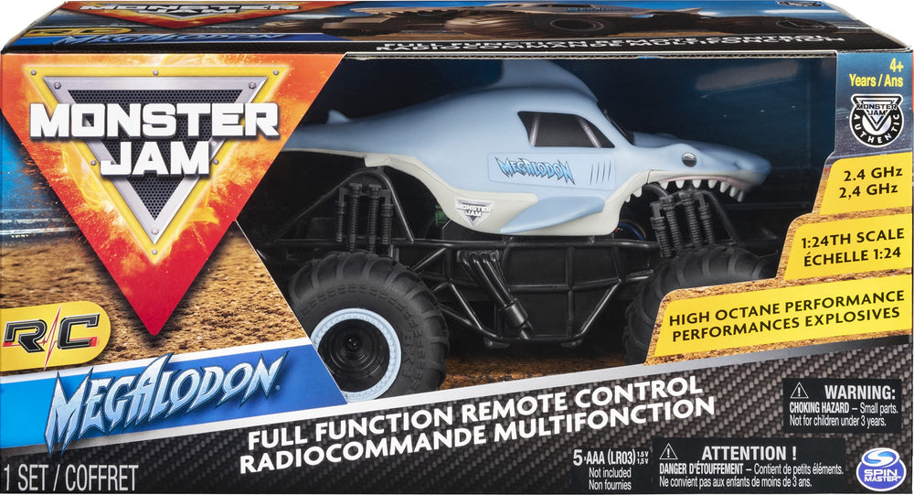Monster Jam Megalodon RC truck side view showing oversized tires and details