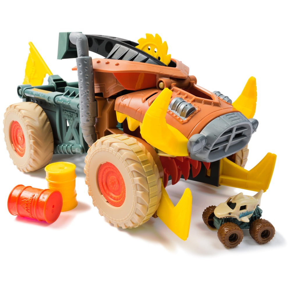 Monster Jam Mini Jams Megalodon truck in action, inspiring imaginative play and tidy-up moments.