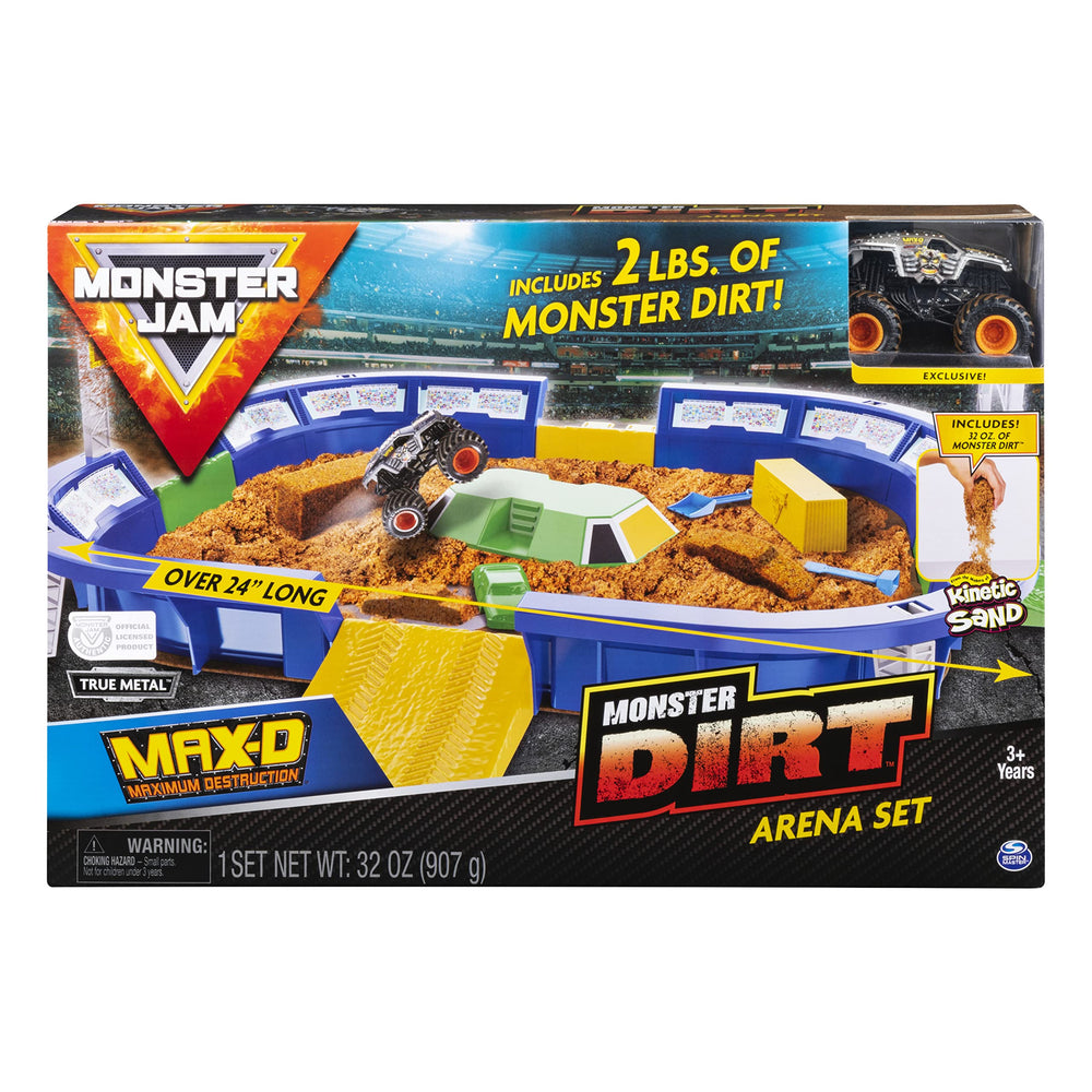 Monster Jam Monster Dirt Arena wide view with four entry gates for immersive racing.