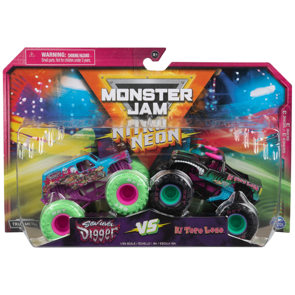 Monster Jam Nitro Neon 2-Pack trucks front view with bold neon details for play