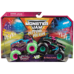 Monster Jam Nitro Neon 2-Pack trucks front view with bold neon details for play