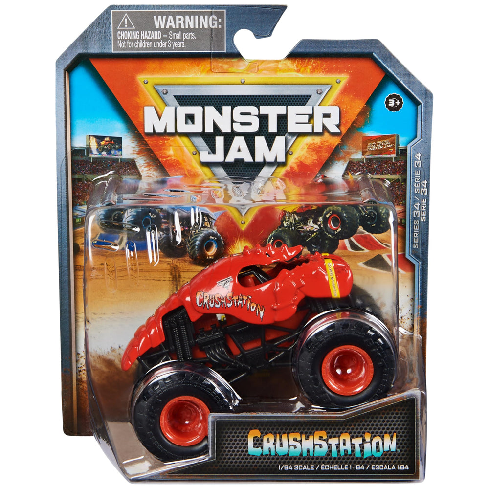 Monster Jam Crushstation 1:64 truck front view with official branding for collectors.
