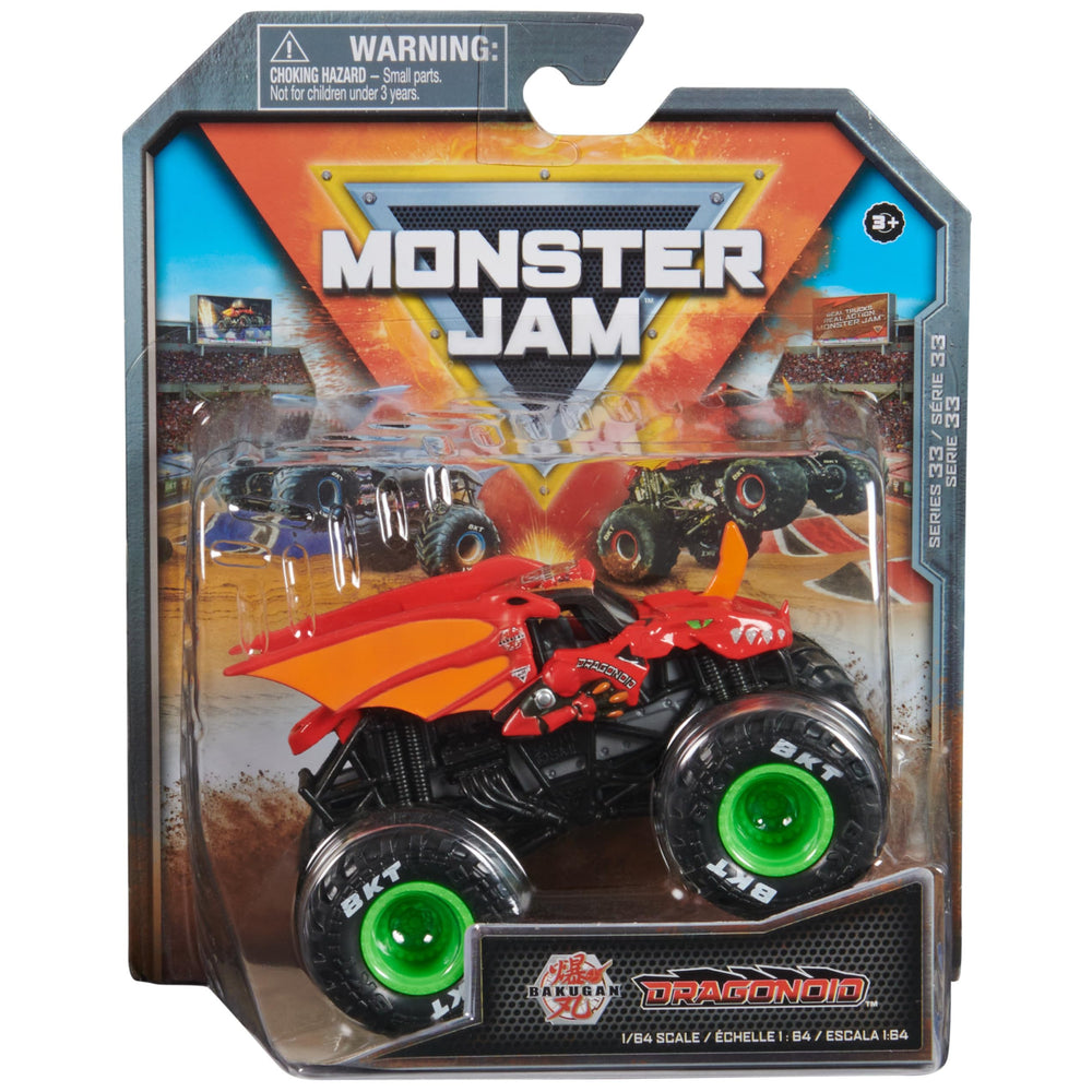 Monster Jam 1:64 die-cast truck front view showcases authentic graphics for display and play.