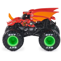 Monster Jam 1:64 die-cast truck rear view shows chassis flair and rugged styling.