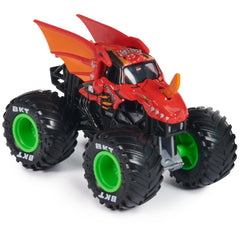 Monster Jam 1:64 die-cast truck side view reveals detailed decals for collectors and fans.