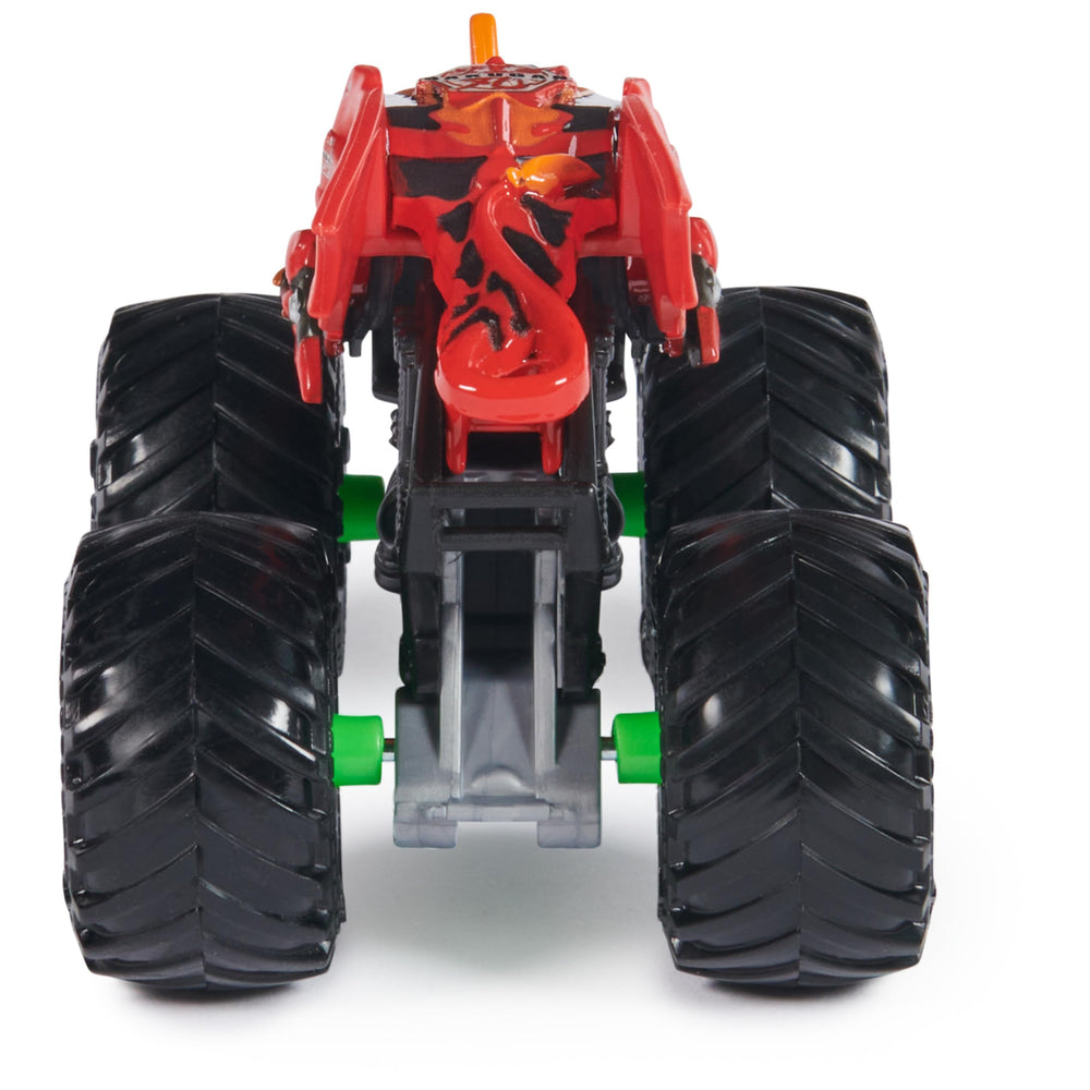 Monster Jam 1:64 die-cast truck chassis detail captures true proportions and rugged vibe.