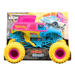 Monster Jam official Ringling Bailey 1:24 front view with authentic graphics for display.