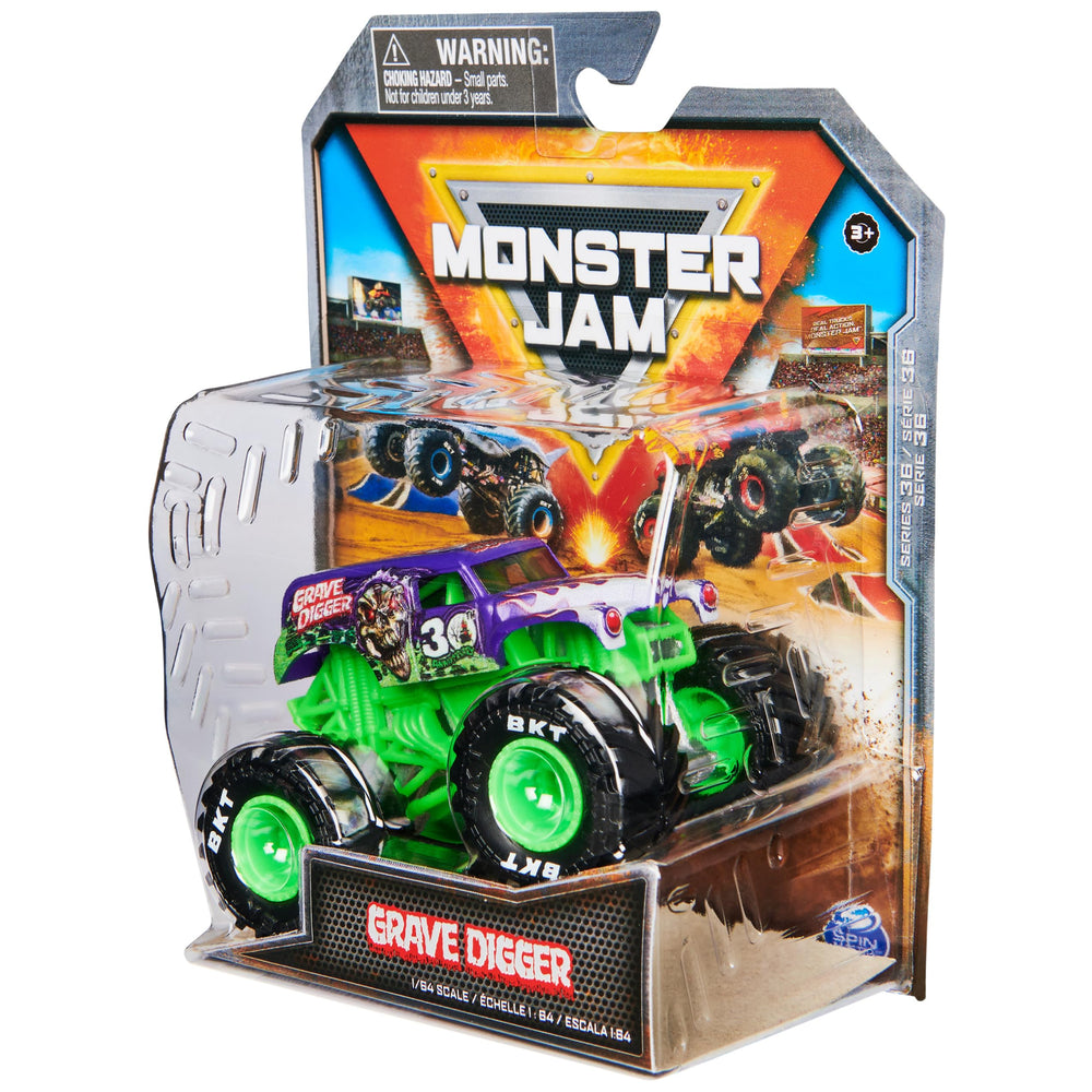 Monster Jam packaging design showcases the official Grave Digger theme and branding.