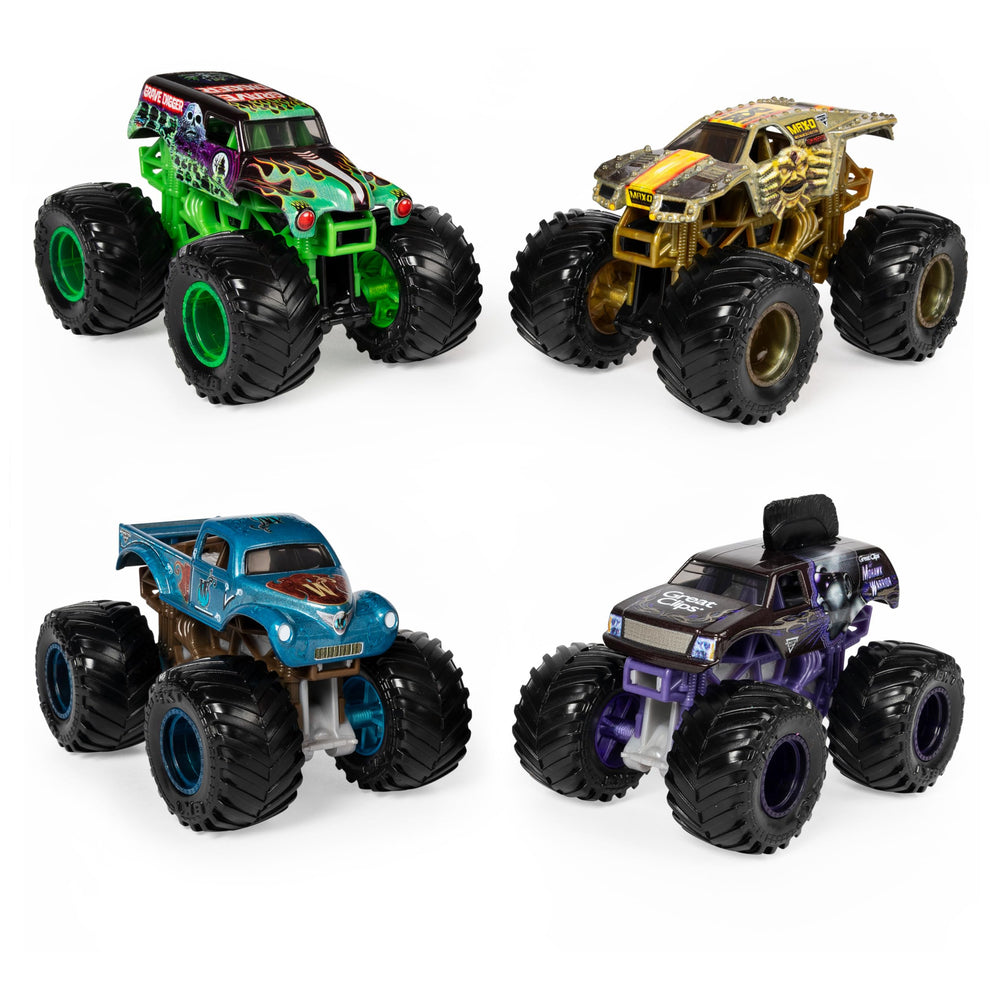 Monster Jam Reveal the Steel 4-Pack front view showing four color-changing trucks.