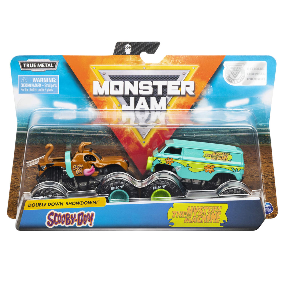 Monster Jam Scooby Doo vs Mysterty Machine 1:64 double pack with vivid graphics for display.