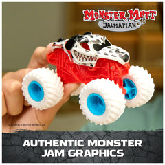 Monster Jam front graphics and durable body enable repeated crashes during play.