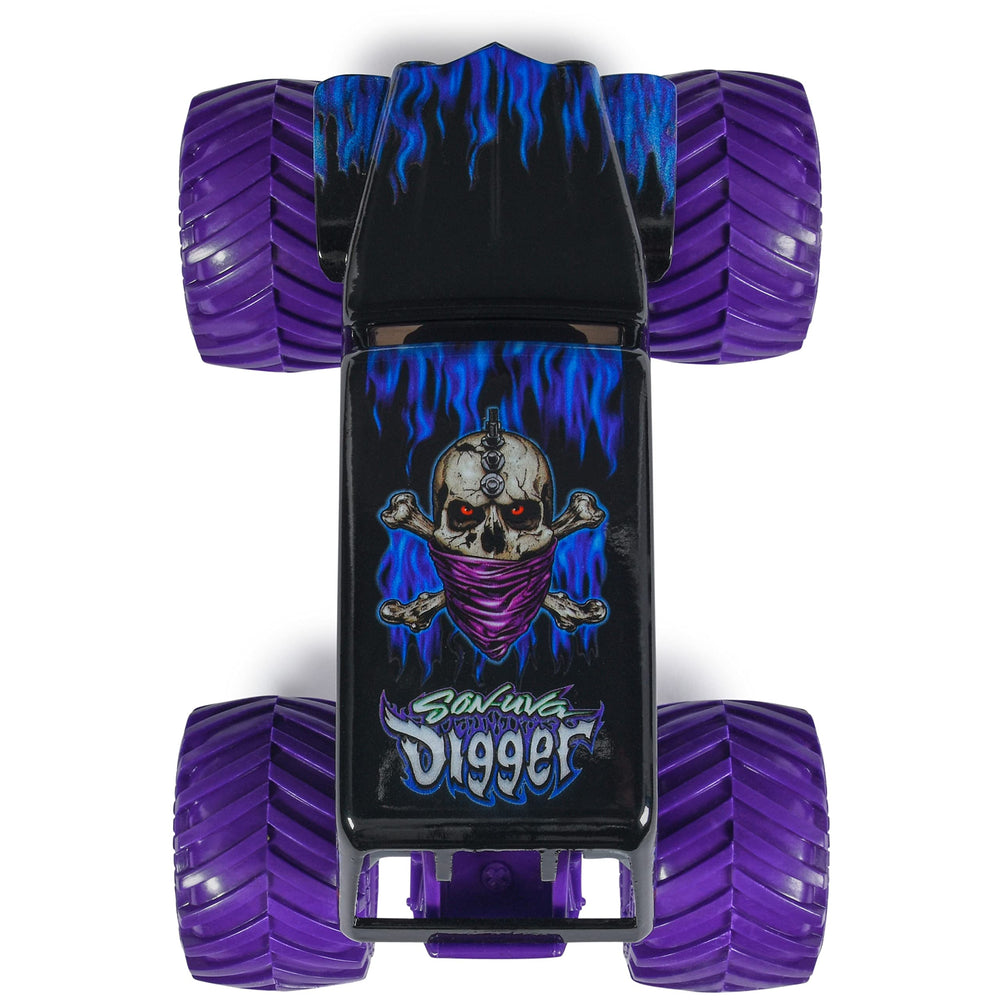 Monster Jam Son-uva Digger 1:24 suspension detail highlighting impact absorption.