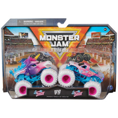 Monster Jam Sparkle Smash Grave Digger vs Avenger 1:64 die-cast trucks for action-ready play.
