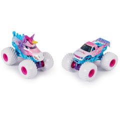 Monster Jam Sparkle Smash Max-D vs Son-uva Digger 1:64 die-cast trucks for head-to-head battles.